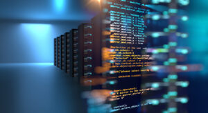 server room 3d illustration with node base programming data des