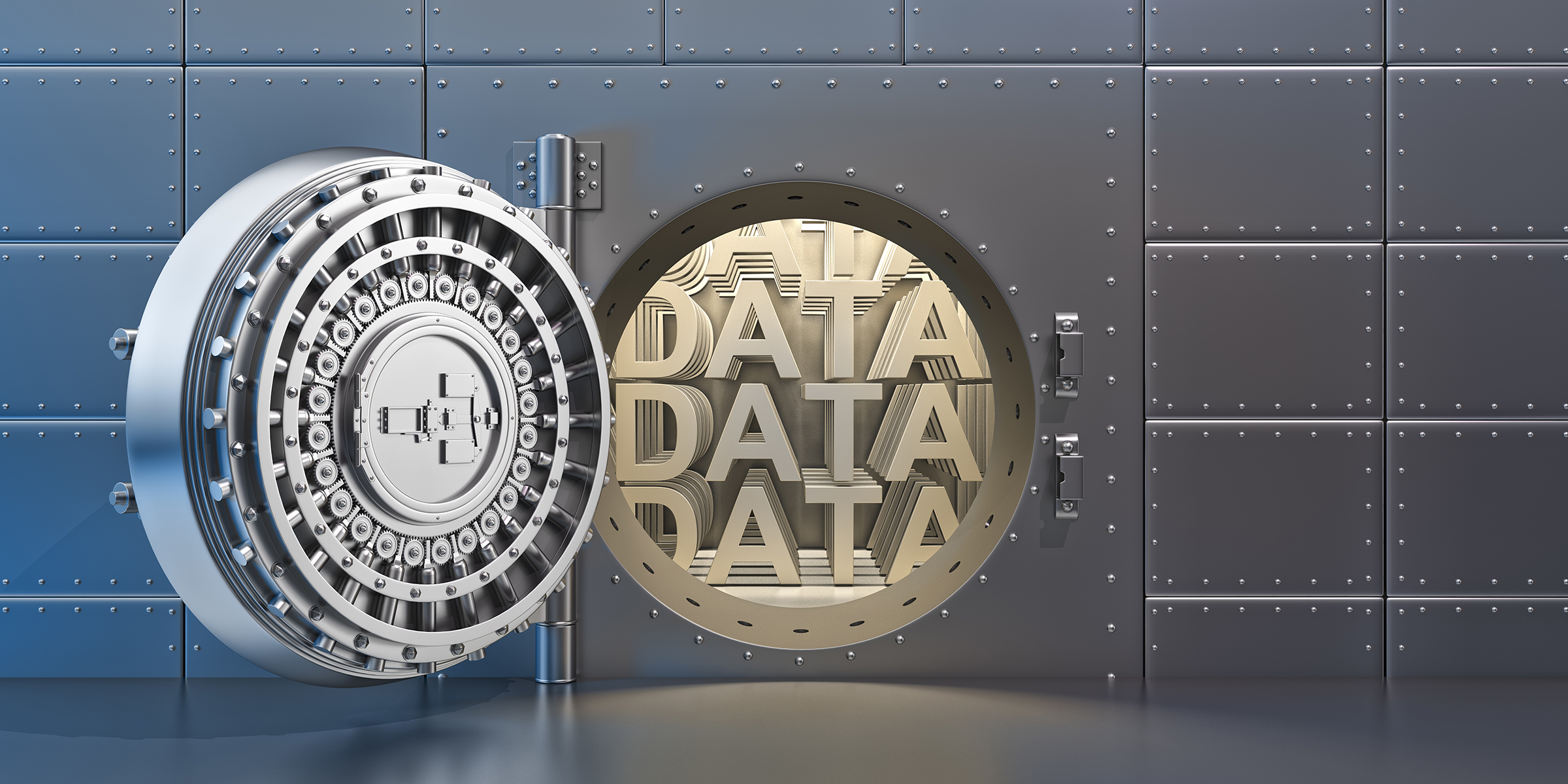 Open vaulted steel door with "DATA" inside the vault