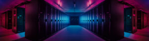 Wide-Angle Panorama Shot of a Working Data Center With Rows of Rack Servers. Red Emergency Led Lights Blinking and Computers are Working. Dark Ambient Light.