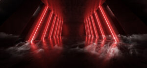 Orange Red Glowing Pylons Cement Concrete Hallway Tunnel Corridor Dark Underground Garage Gallery Stage Sci Fi Futuristic Modern Background 3D Rendering Illustration