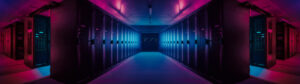 Footer of purple and magenta illuminated data center with server cabinets lining up in rows. Blue lights in middle contrast with the purple.