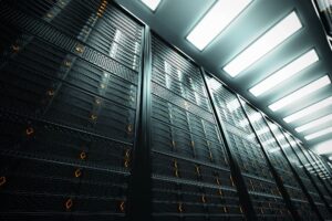server cabinets in a row in hallway and overhead lighting