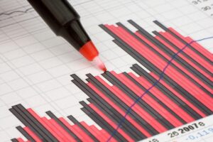 Bar graph with alternating red and black bars. Blue line cuts through graph as a projection. Red marker pointing to graph.
