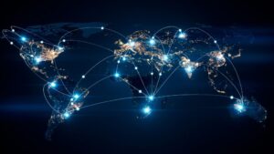 Depiction of global worldwide network connecting to various cities, nations, and more around the world through enhanced network connectivity.