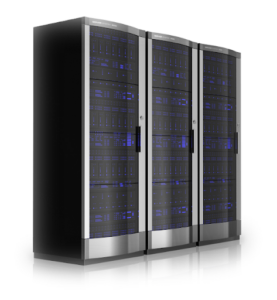 three server cabinets lined up next to each other