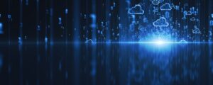 Abstract graphical depiction of blue cloud technology with binary codes also raised.